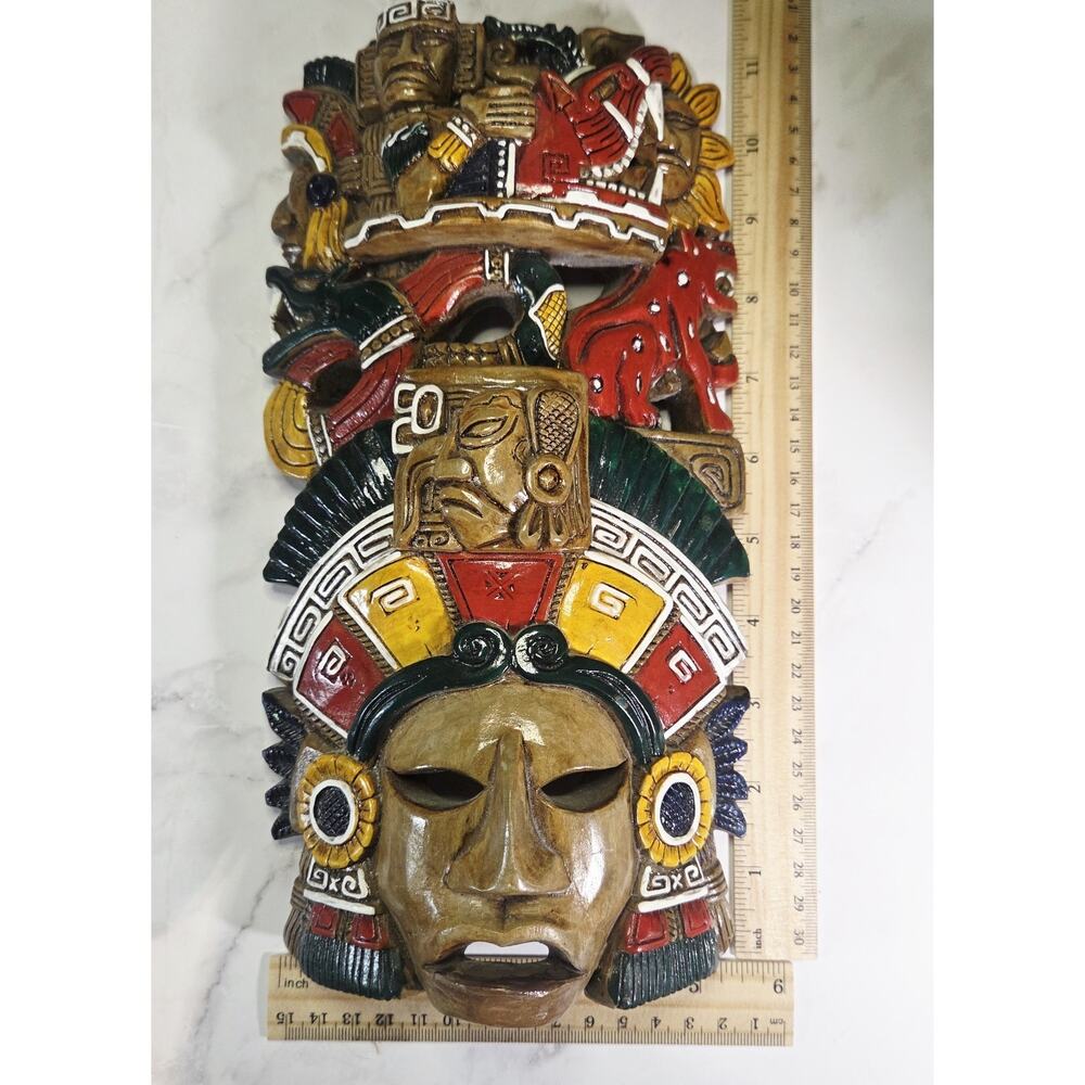 Mayan Aztec Warrior Ceramic Hand Painted Sculpture Wall Hanging 5.5" x 11" Large